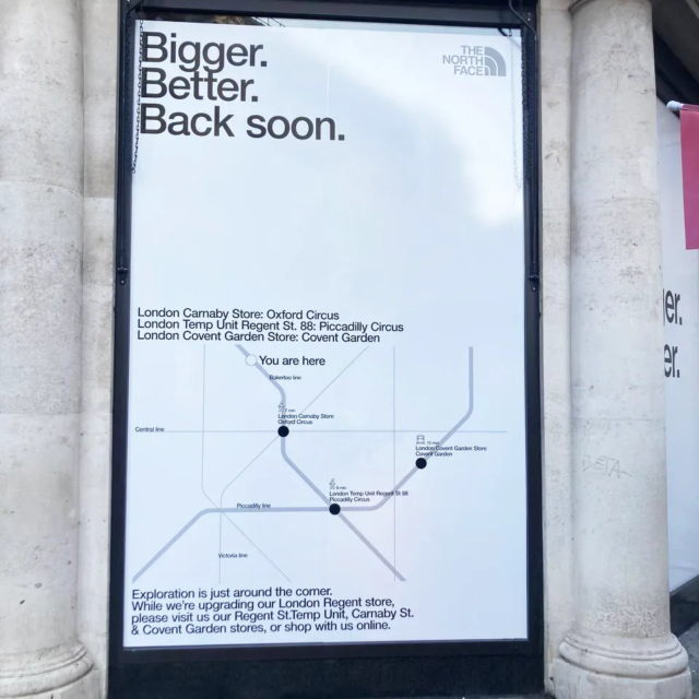 The North Face large format window graphics back soon message