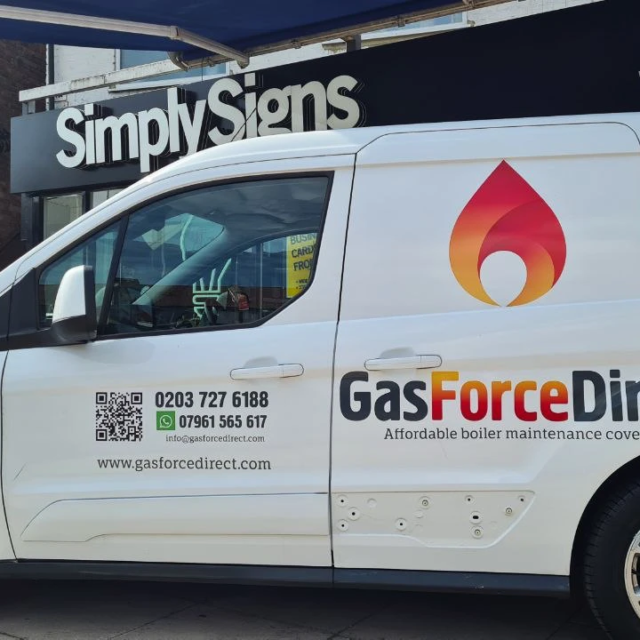 gas force direct small logo to side of van