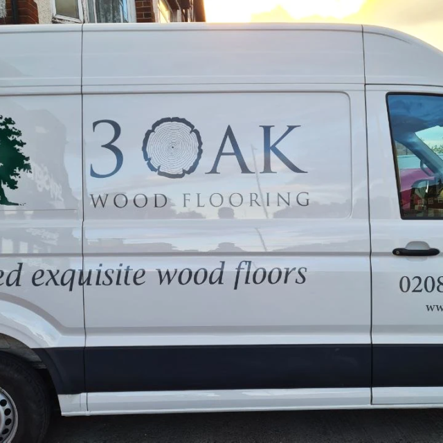 3 oak wood flooring vehicle livery to white long wheelbase van