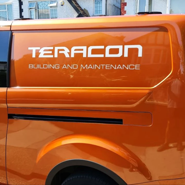 teracon building white vinyl lettering minimal van sign