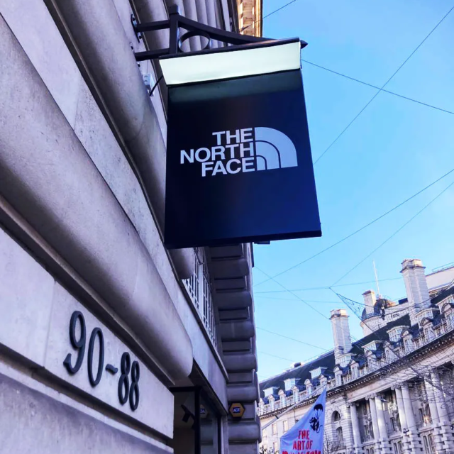 the north face high street retail swinging sign