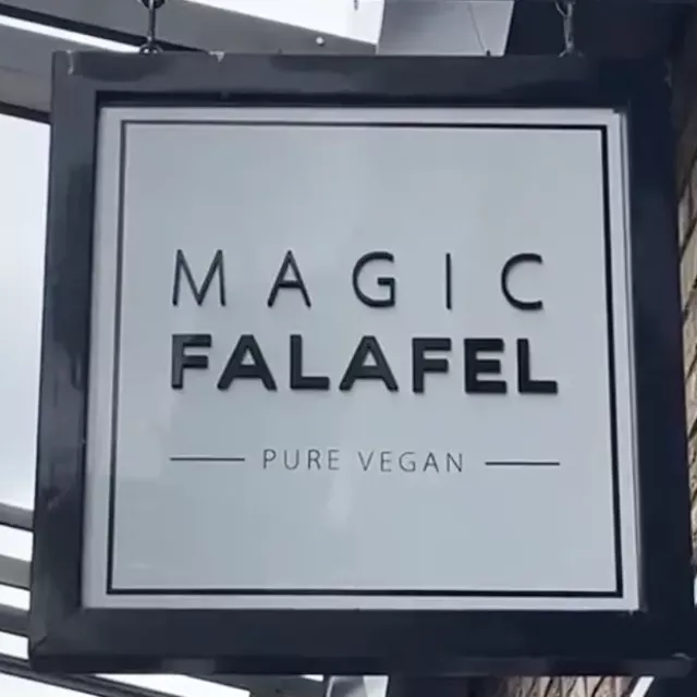 magic falafel projecting sign for food stall in camden