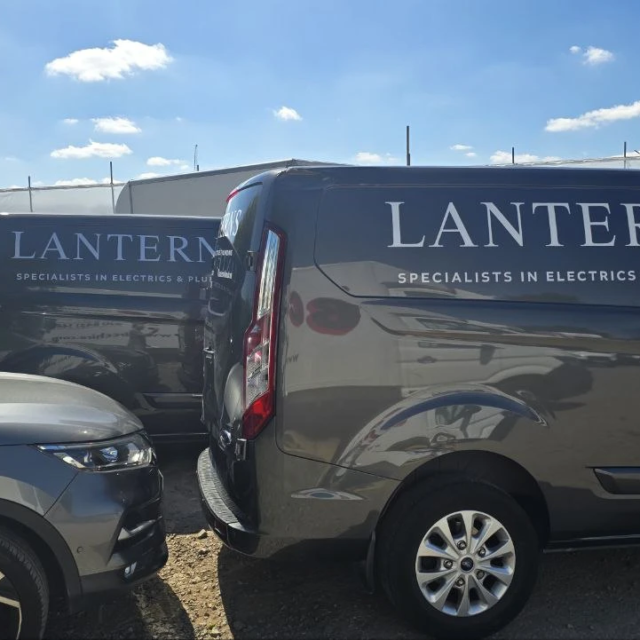 lanterns electrics and plumbing van with swing back doors signage