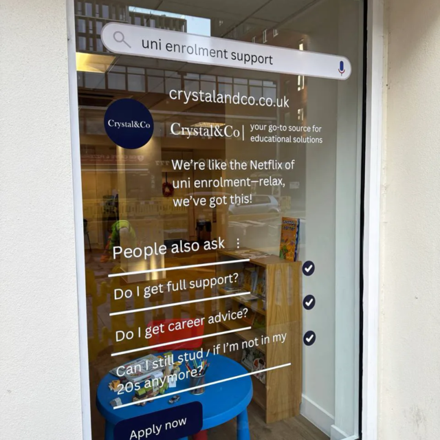 crystal and co white vinyl lettering to window course centre